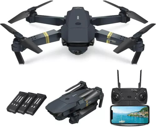 Foldable quadcopter drone with built-in camera, four propellers, and remote controller with screen