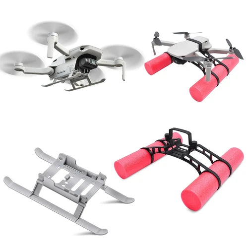Drone water landing gear set with red floats and black frame legs