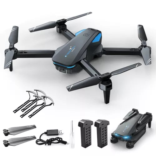 Foldable quadcopter drone with 4 propellers, black, with accessories