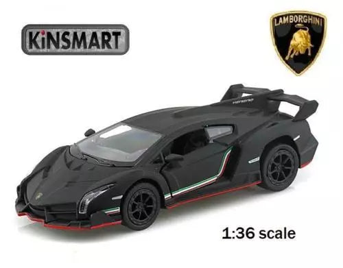 Kinsmart diecast toy car, matte black Lamborghini Veneno, 1:36 scale with racing stripes