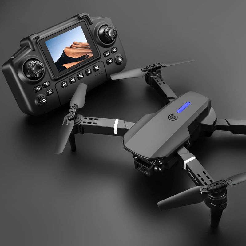 Mini quadcopter drone with foldable arms and LED lights, shown with remote controller screen