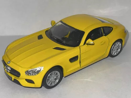 Yellow 1/36 scale diecast toy sports car with black hood vents and silver wheels