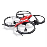 Red and white quadcopter drone with four black propellers and protective guards