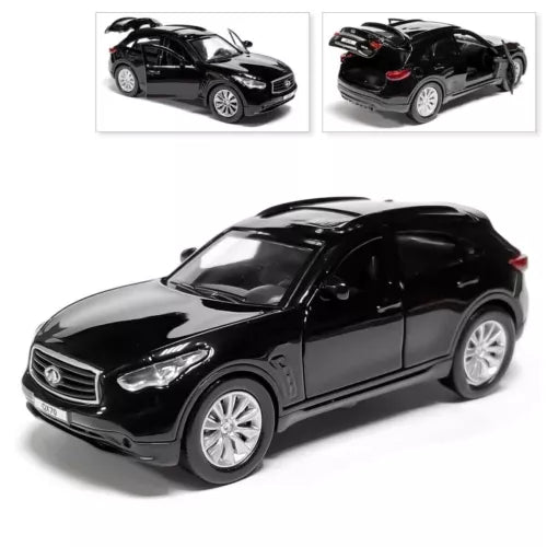 Black 1/36 diecast model car with detailed headlights and silver wheels, front 3/4 view