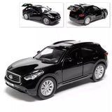 Black 1/36 diecast model car with detailed headlights and silver wheels, front 3/4 view