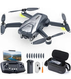 Gray quadcopter drone with camera, remote controller, and accessory kit