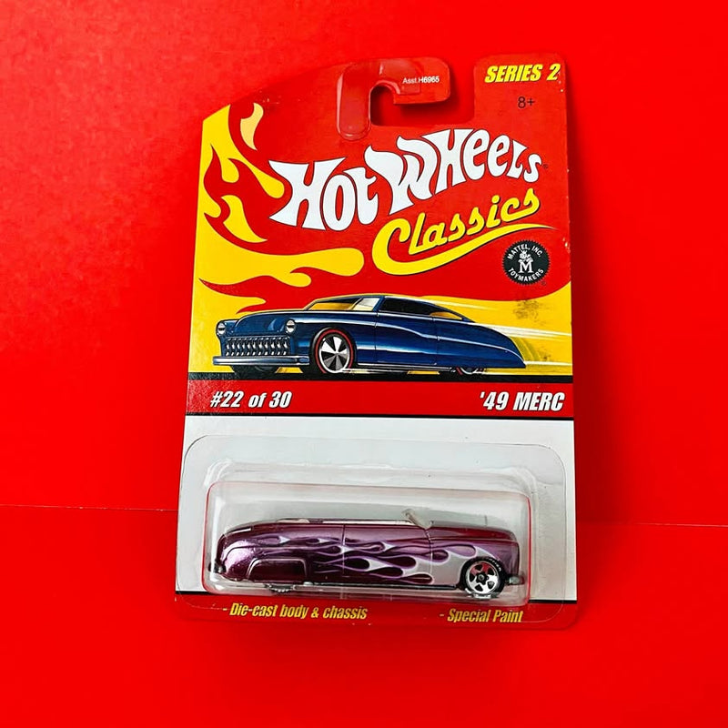 Purple ’49 Merc convertible Hot Wheels Classics diecast car in blister packaging