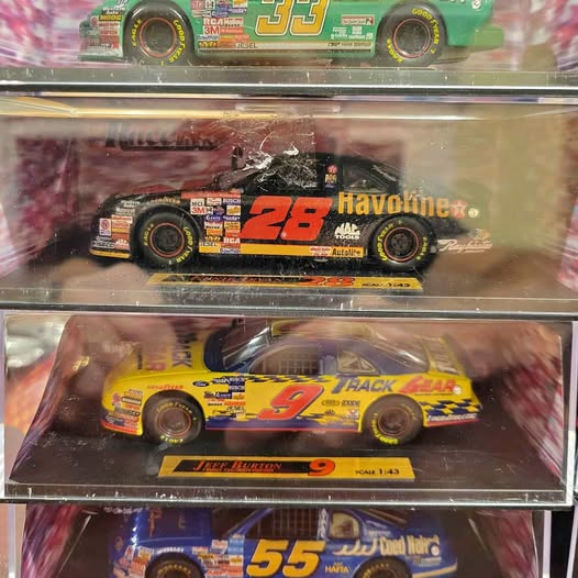 Blister-pack NASCAR diecast cars with Nos. 28 Havoline, 9, and 55 designs