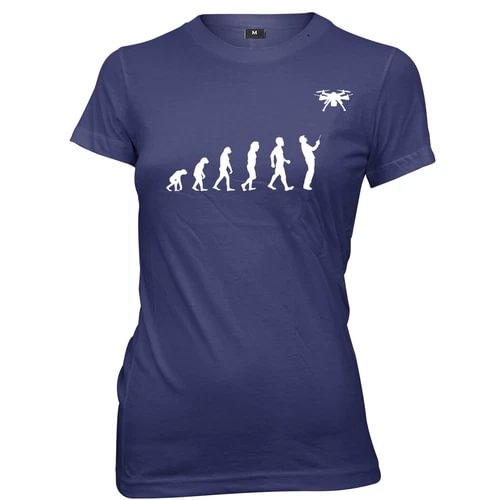Navy women's T-shirt with white evolution astronaut graphic and small drone icon