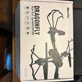 RC drone in retail box packaging, yellow and black propeller arms diagram