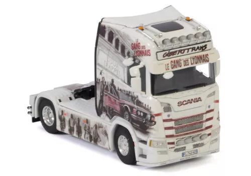 White diecast Scania tractor truck model with front grille and cab details