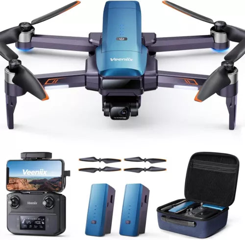 Blue GPS 4K drone with quad rotors, controller screen, spare batteries, and case