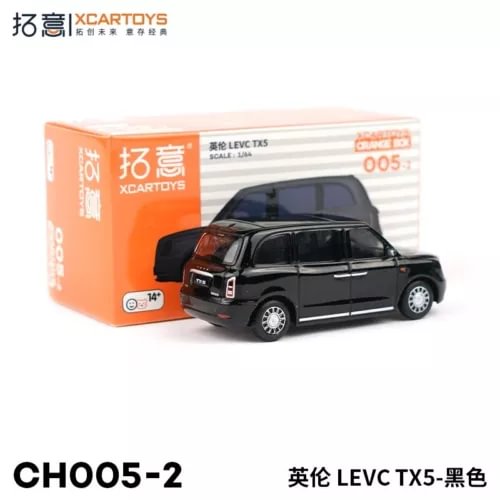 Black diecast model car, front 3/4 view with orange retail box