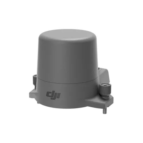 Gray DJI RTK module with cylindrical housing and mounting screws, logo visible