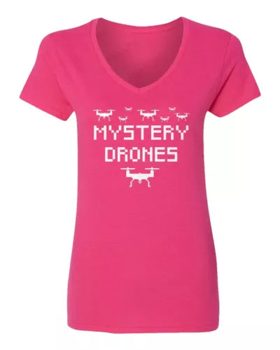 Pink ladies' v-neck tee with 8-bit 'MYSTERY DRONES' drone graphic