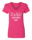 Pink ladies' v-neck tee with 8-bit 'MYSTERY DRONES' drone graphic