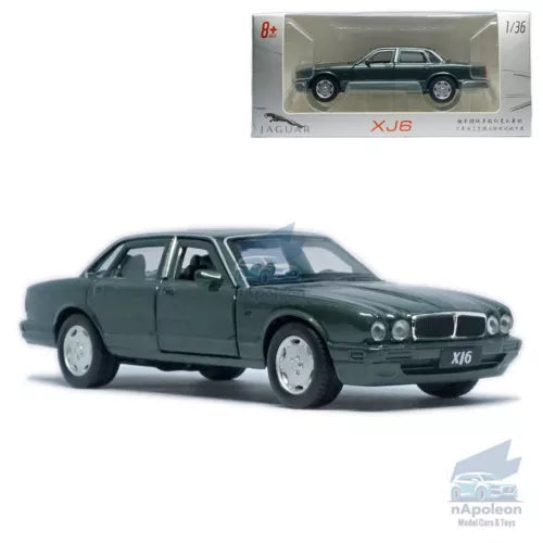 1/36 Jaguar XJ6 alloy diecast model car, green sedan front 3/4 view