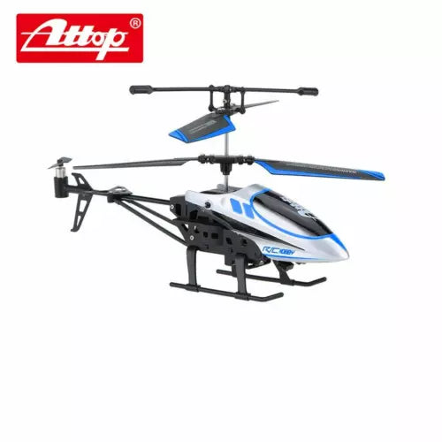 RC quadcopter drone with four rotor arms, blue and white body