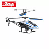 RC quadcopter drone with four rotor arms, blue and white body