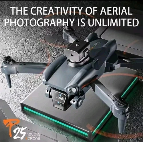 Foldable quadcopter drone with front camera, gray body and green LED lights