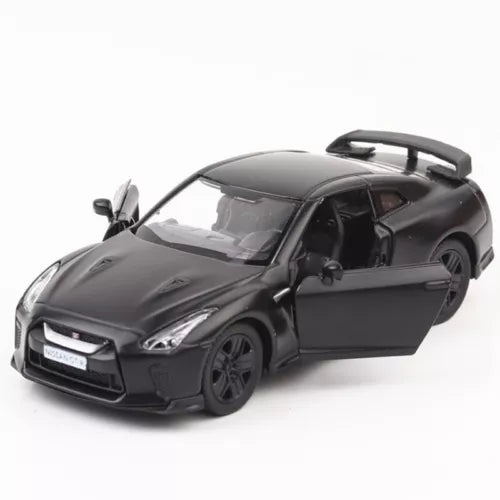 Diecast pull-back model car, dark gray/black sports coupe with front 3/4 view
