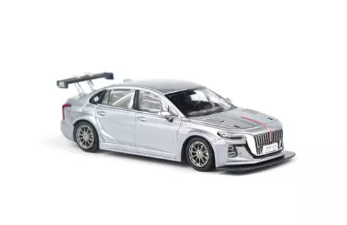 Silver diecast racing model car with black hood, detailed front grille and wheels