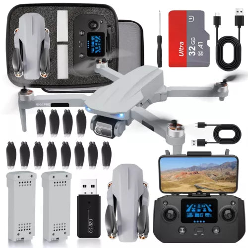 Foldable quadcopter drone with controller, propellers, and charging cable in kit case