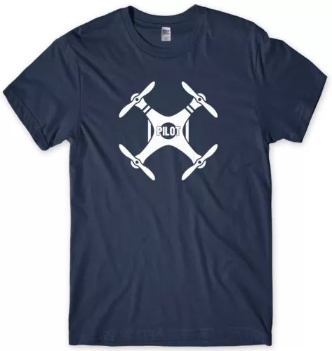 Navy T-shirt with white quadcopter drone graphic and pilot text