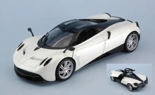 1:24 diecast model car, white with black hood and side stripe, front three-quarter view