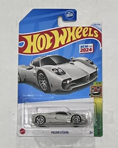 Hot Wheels diecast toy car, silver Pagani Utopia in clear blister pack
