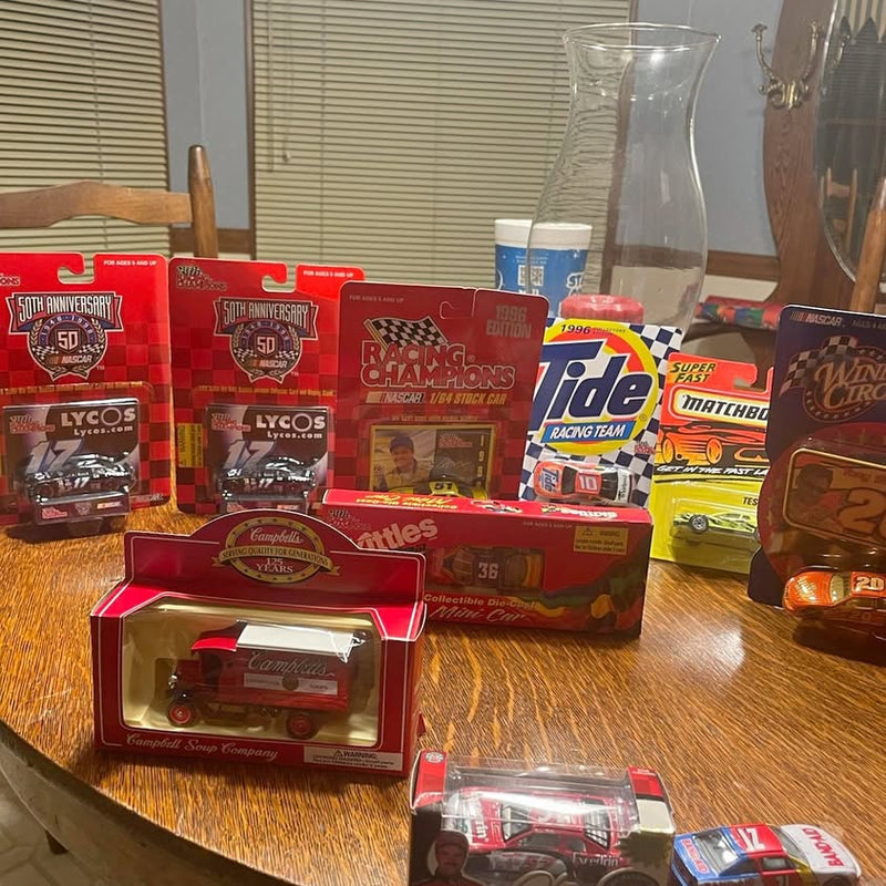 Diecast race car and antique truck set in retail boxes with clear plastic windows