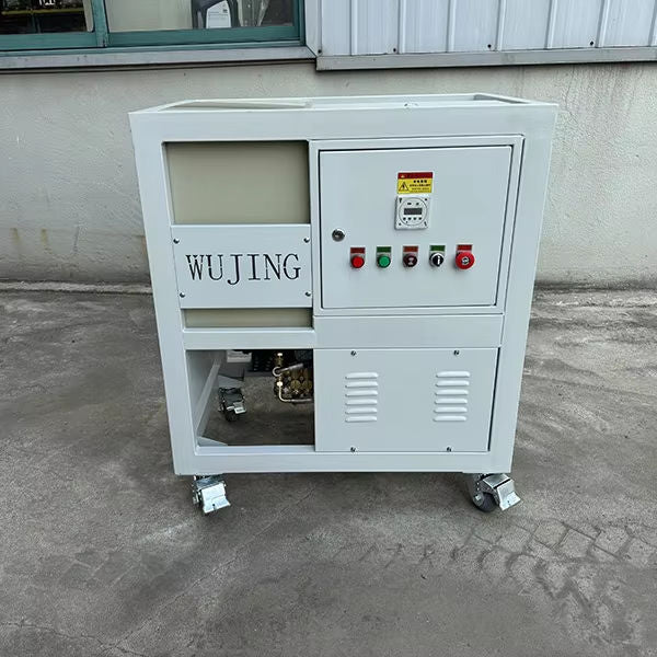 White electric agricultural sprayer pump control cabinet with open door and wheels