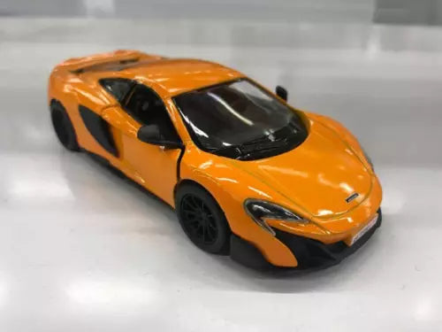 Orange McLaren 675LT diecast toy car, 1/36 scale, front three-quarter view