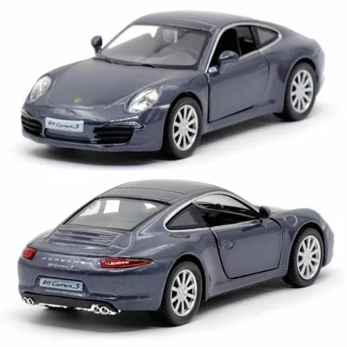 Gray diecast coupe model car with front and rear views, realistic details