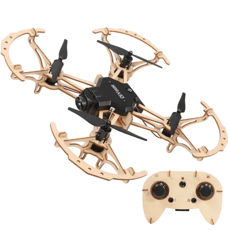 DIY wooden drone toy kit with quad-rotor frame, remote controller and propellers
