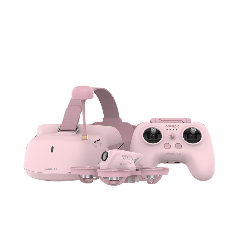 Pink FPV racing drone with camera and handheld remote controller, plastic body.