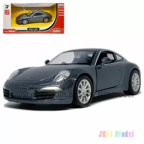 1:36 scale grey alloy diecast sports car model with silver wheels