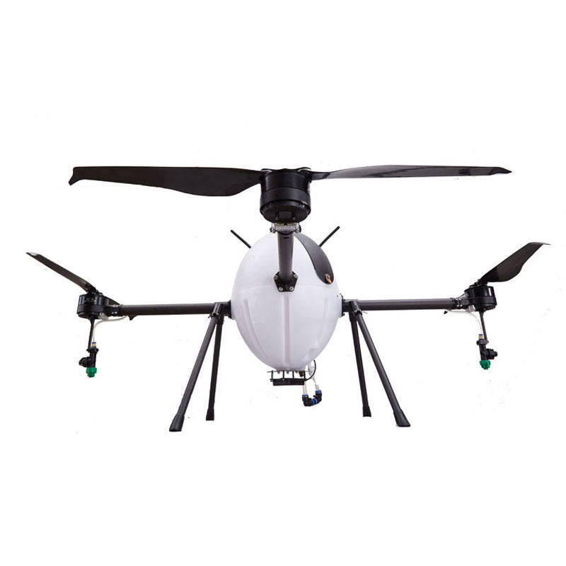 Agricultural spraying UAV drone with four propellers and central sprayer body, white
