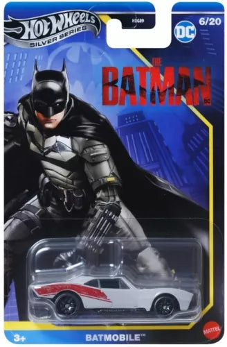 Silver Batmobile diecast car toy with red stripe, Batman themed, 1:64 scale