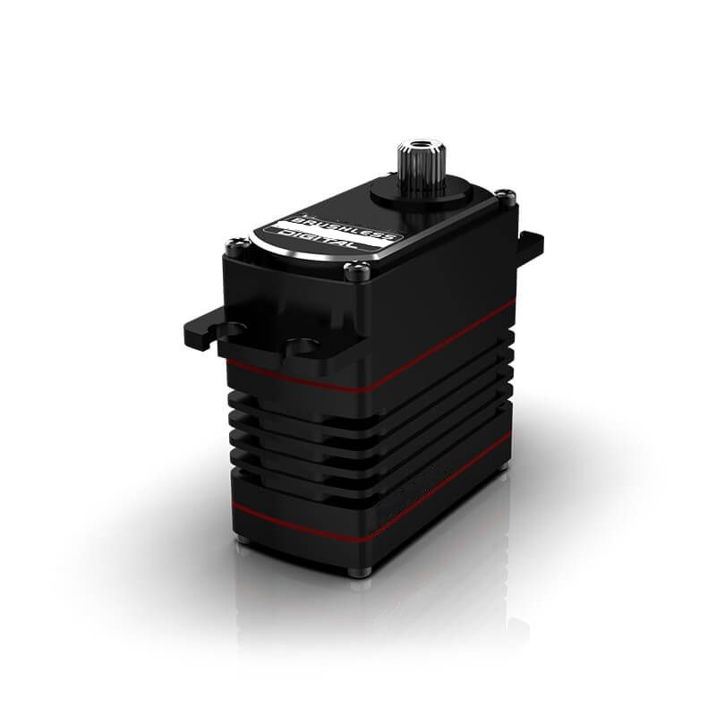 Brushless RC servo motor with black aluminum housing and metal output shaft