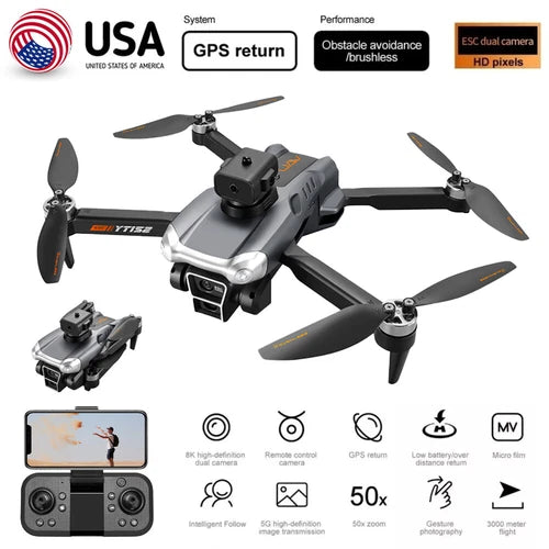 Foldable quadcopter drone with 4 propellers and dual camera, dark gray and black