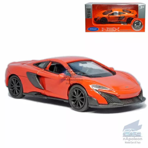 Orange 1:36 diecast model car with black front splitter, front three-quarter view