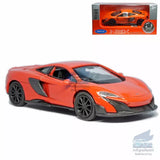 Orange 1:36 diecast model car with black front splitter, front three-quarter view