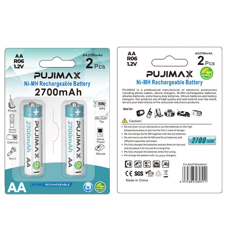 AA NiMH rechargeable batteries 2-pack, PUJIMAX 2700mAh R06 1.2V (2 pcs)