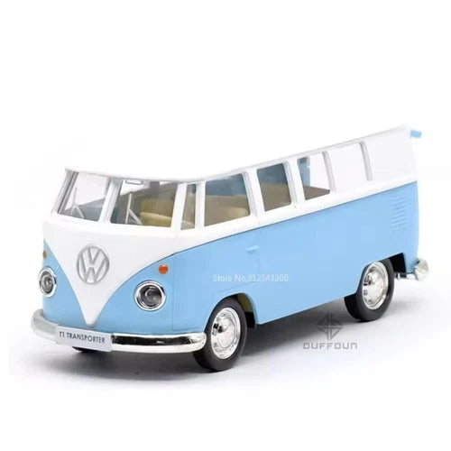 Blue and white die-cast Volkswagen T1 bus miniature car with VW logo, front view