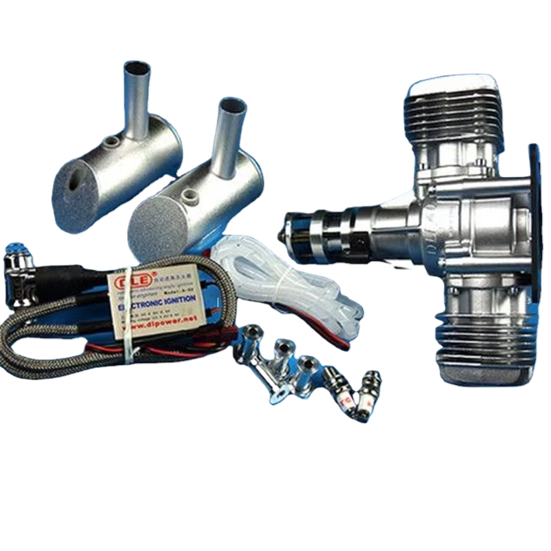 RC gas engine kit with chrome engine, mounting parts, and fuel line