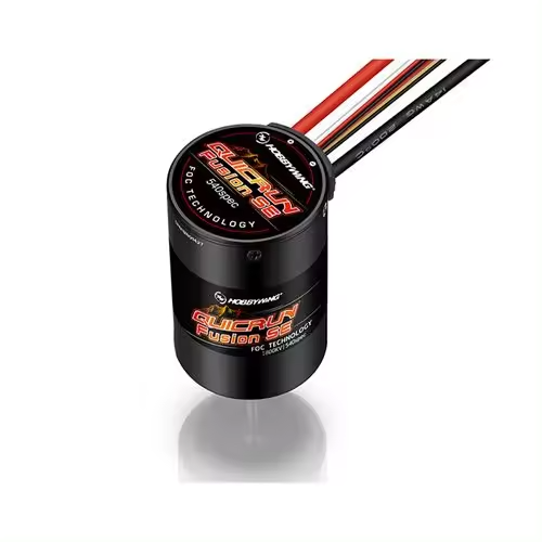 Quicrun Fusion SE brushless motor and ESC with wires, black cylindrical housing