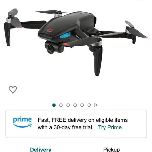 Racing FPV drone with black body, front camera, and four propellers