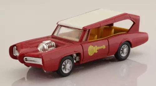 Red diecast toy car with MonkeeMobile graphics and chrome details