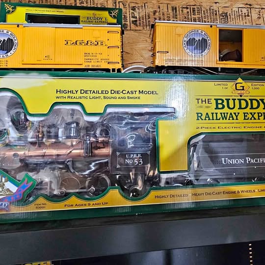 Buddy L diecast railway express train set in box, yellow locomotive